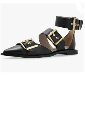 Maiyang Black Pointed Toe Strappy Metal Buckle Flat Stylish Ankle Strap Sandals